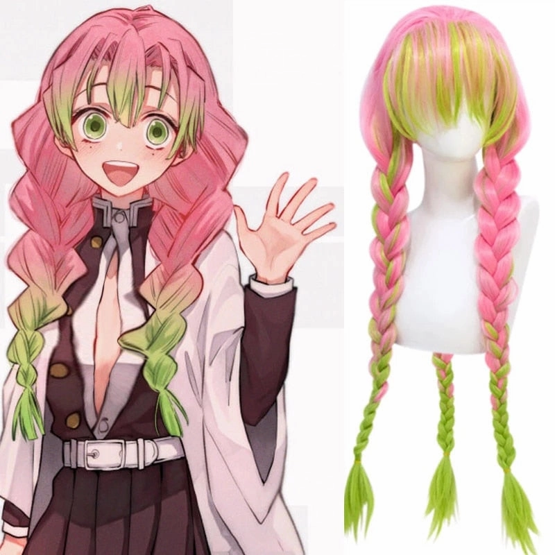 Ship Figure Demon Slayer Kanroji Mitsuri Braid Long Straight Ombre Green Pink Cosplay Wigs With Bangs For Anime