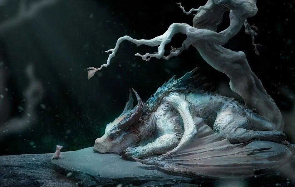 Art Masterpiece The Encounter Of Mouse & Dragon Under Withered Tree Statue