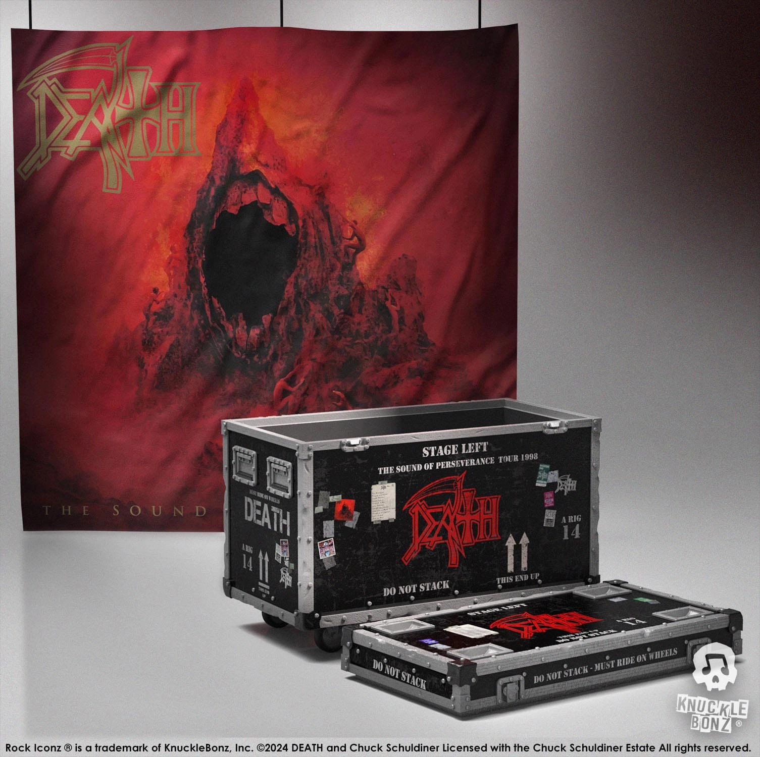 Personalized Exhibit Knucklebonz Death Rock Iconz On Tour The Sound of Perseverance Tour 1998 Road Case Statue + Stage Backdrop Set Statue